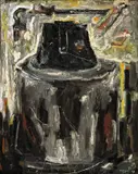 Werner Büttner, Stilleben mit Aktentasche, 1983, Öl auf Nessel