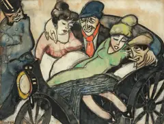 Armand Bouten, Gruppe in einer Kutsche, Um 1920, Aquarell und Kreide auf Papier, auf Pappe aufgezogen