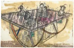 Study for vibrating Doll by Dennis Oppenheim, 1990, Farbkreiden, Goldkreide, Kohle und Acryl auf zwei Bögen Papier, sold Nov 2010