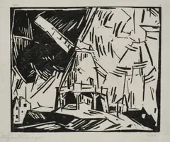 Windmühle by Lyonel Feininger, 1919, Holzschnitt auf grauem Chinabütten, sold Nov 2010