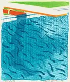 David Hockney, Pool made with Paper and blue Ink for Book, 1980, Farblithographie auf leicht genarbtem Karton und Buch „Paper Pools“