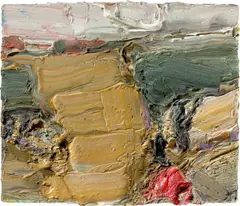Landschaft mit Rapsfeld und rotem Dach by Klaus Fußmann, 2011, Öl auf Leinwand, sold Jan 2021