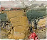 Klaus Fußmann, Landschaft mit Rapsfeld und rotem Dach
