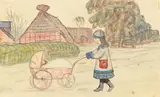 Otto Modersohn, Mathilde Modersohn mit Kinderwagen in Fischerhude, 1911, Aquarell auf festem Papier