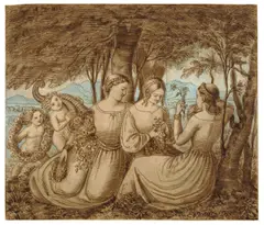 Ludwig Emil Grimm, Drei Mädchen und zwei Putten unter Bäumen mit Blumen, Blumenkränzen und Füllhörnern mit Blumen, 1852, Feder in Braun, in Braun und Blau aquarelliert, auf Papier