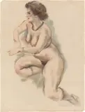 Kneeling female nude by George Grosz, Um 1945, Aquarell und Farbkreide auf Bütten, sold Jan 2026