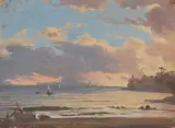 Johann Jakob Frey, Italienische Küstenlandschaft am Abend, 1839, Öl auf Papier