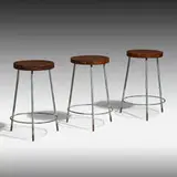Stools from Science Department of Punjab University, Chandigarh, set of three by Pierre Jeanneret, c. 1960, enameled steel, teak, sold Jan 2021