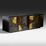 Cabinet, model PE 40 by Paul Evans, 1970, welded, gilt and enameled steel, slate, sold Jan 2021