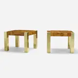 Cityscape occasional tables, pair by Paul Evans, c. 1970, maple burl veneer, brass, sold Jan 2021