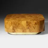 Cityscape coffee table from the PE 500 series by Paul Evans, c. 1970, maple burl veneer, brass, sold Jan 2021