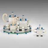 Michael Graves, Piazza four-piece tea and coffee service with tray, 1980 / 1989, sterling silver, glass, plastic, aluminum
