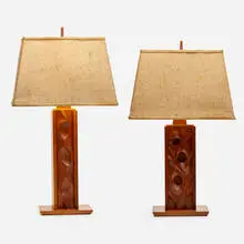 James Martin, Table lamps, set of two, carved American black walnut, burlap shade