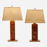 James Martin, Table lamps, set of two, carved American black walnut, burlap shade