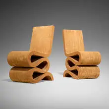 Wiggle chairs, pair by Frank Gehry, laminated cardboard, Masonite, sold Dec 2024