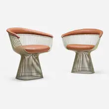 Warren Platner, Chairs, pair, 1962, chrome-plated steel, vinyl upholstery, plastic