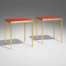 François-Claudius Compte-Calix, Occasional tables, pair, c. 1940, painted and gilt wrought iron, leather over oak