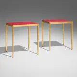 François-Claudius Compte-Calix, Occasional tables, pair, c. 1940, painted and gilt wrought iron, leather over oak