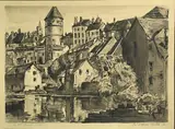 Carl Heilborn, An Old French Town, 1932; A View along the Canal (2), ink on paper