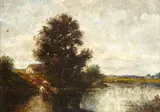 Jules Dupré, A landscape with cows drinking from a pond