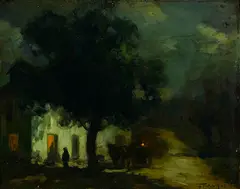 François Cachoud, A moonlit scene with a figure and a cow watering at a pond; A nocturnal scene with figures in front of an inn (2), first oil on canvas laid down on board; second oil on board