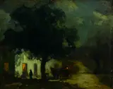 François Cachoud, A moonlit scene with a figure and a cow watering at a pond; A nocturnal scene with figures in front of an inn (2), first oil on canvas laid down on board; second oil on board