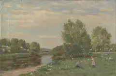 James Elliot Shearer, A river scene with children picking flowers, oil on canvas