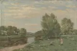James Elliot Shearer, A river scene with children picking flowers, oil on canvas