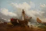 Clarkson Stanfield Ra, A coastal scene with figures and a boat onshore, oil on canvas