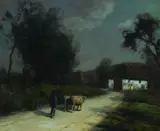 François Cachoud, A figure herding a pair of oxen by moonlight, oil on canvas
