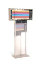 Fletcher Benton, Purple & Brown Lines, 1972, acrylic, chromed and brushed steel, wood, fluorescent tube, and electrical and mechanical hardware construction