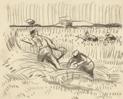 Max Pechstein, Bei der Kornernte, 1932, Kreide auf gelblichem Transparentpapier (aus einem Skizzenblock)