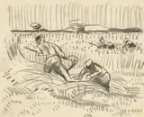 Max Pechstein, Bei der Kornernte, 1932, Kreide auf gelblichem Transparentpapier (aus einem Skizzenblock)