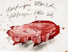 Ohne Titel (fleißiges Fleisch + flüssiges Fleisch, im gras) by Dieter Krieg, 1996, Acryl und Kohle auf Bütten, sold Sep 2023