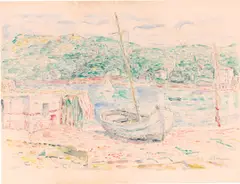 Boot am Strand Monterosso by Hans Purrmann, 1936, Aquarell über Bleistift auf Bütten, sold Oct 2023