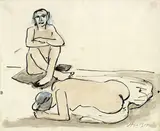 Max Pechstein, Sitzender und liegender Akt, 1911, Tuschfeder und blaue Kreide, laviert, auf dünnem Papier (aus einem Skizzenblock), an den Ecken auf ein weiteres Papier montiert