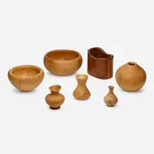 Mark and Melvin Lindquist, Collection of seven turned vessels, c. 1980, maple, maple wormwood, elm, spalted box elder, spalted maple, walnut