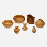 Mark and Melvin Lindquist, Collection of seven turned vessels, c. 1980, maple, maple wormwood, elm, spalted box elder, spalted maple, walnut