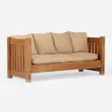 Knock-down settle, model 210 by Gustav Stickley, c. 1904, oak, rope, linen, sold Jan 2021