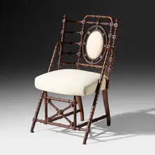 George Hunzinger, Chair, 1869, carved and stained beech, upholstery