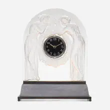 Lalique, Deux Figurines clock, 1926, clear and frosted glass, patinated brass, enameled metal, silvered metal