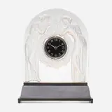 Lalique, Deux Figurines clock, 1926, clear and frosted glass, patinated brass, enameled metal, silvered metal