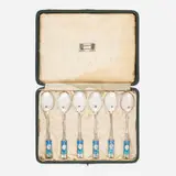 Cymric demitasse spoons, set of six by Archibald Knox for Liberty & Co., 1902, silver, enamel, original box, sold Jan 2021