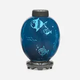 Viktor Schreckengost for Cowan Pottery, Rare covered vase with stand, c. 1931, drypoint decorated glazed earthenware
