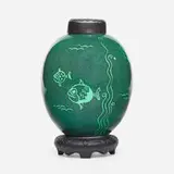 Viktor Schreckengost for Cowan Pottery, Rare covered vase with stand, c. 1931, drypoint decorated glazed earthenware