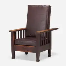 Roycroft, Morris chair, model 43, c. 1906, oak, leather, enameled metal