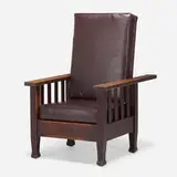 Roycroft, Morris chair, model 43, c. 1906, oak, leather, enameled metal