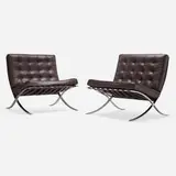 Barcelona chairs, pair by Ludwig Mies van der Rohe, stainless steel, leather upholstery, sold Dec 2024
