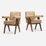 Committee chairs from High Court, Chandigarh, pair by Pierre Jeanneret, c. 1953, teak, hide, sold Dec 2024