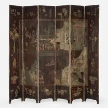Selected By Frances Elkins, Chinese six-panel Coromandel screen, carved and lacquered wood